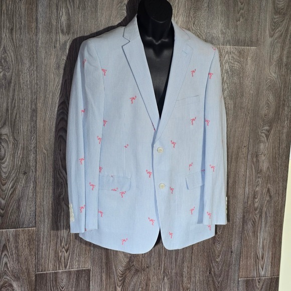 Crown & Ivy Seersucker Sport Coat Blue White Stripped Flamingo Embroidered 42R - Picture 15 of 16